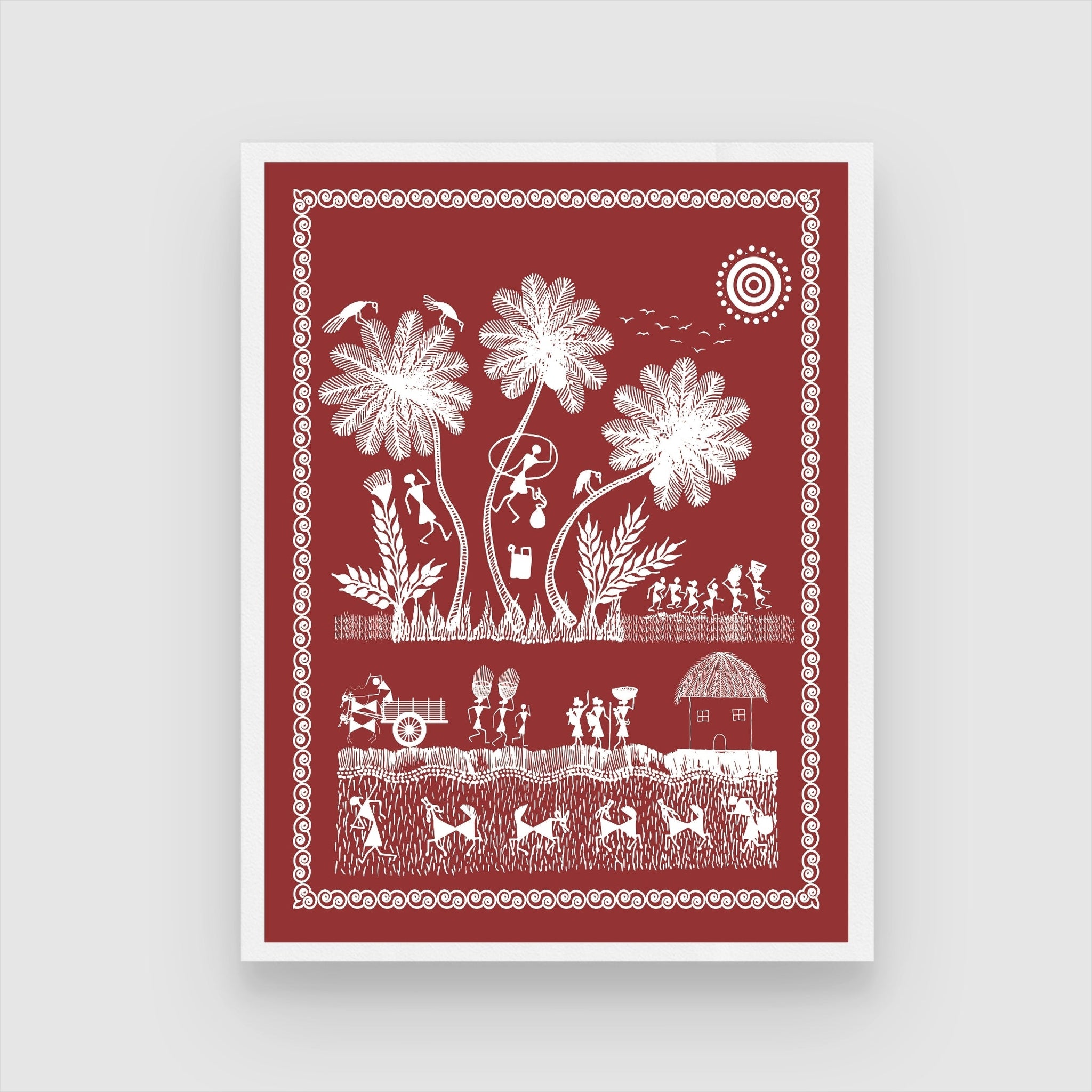 Coconut Tree & Rural Life: Idyllic Warli Art Painting 3 : 4 Vertical New Premium Wall Art Canvas by MeriDeewar