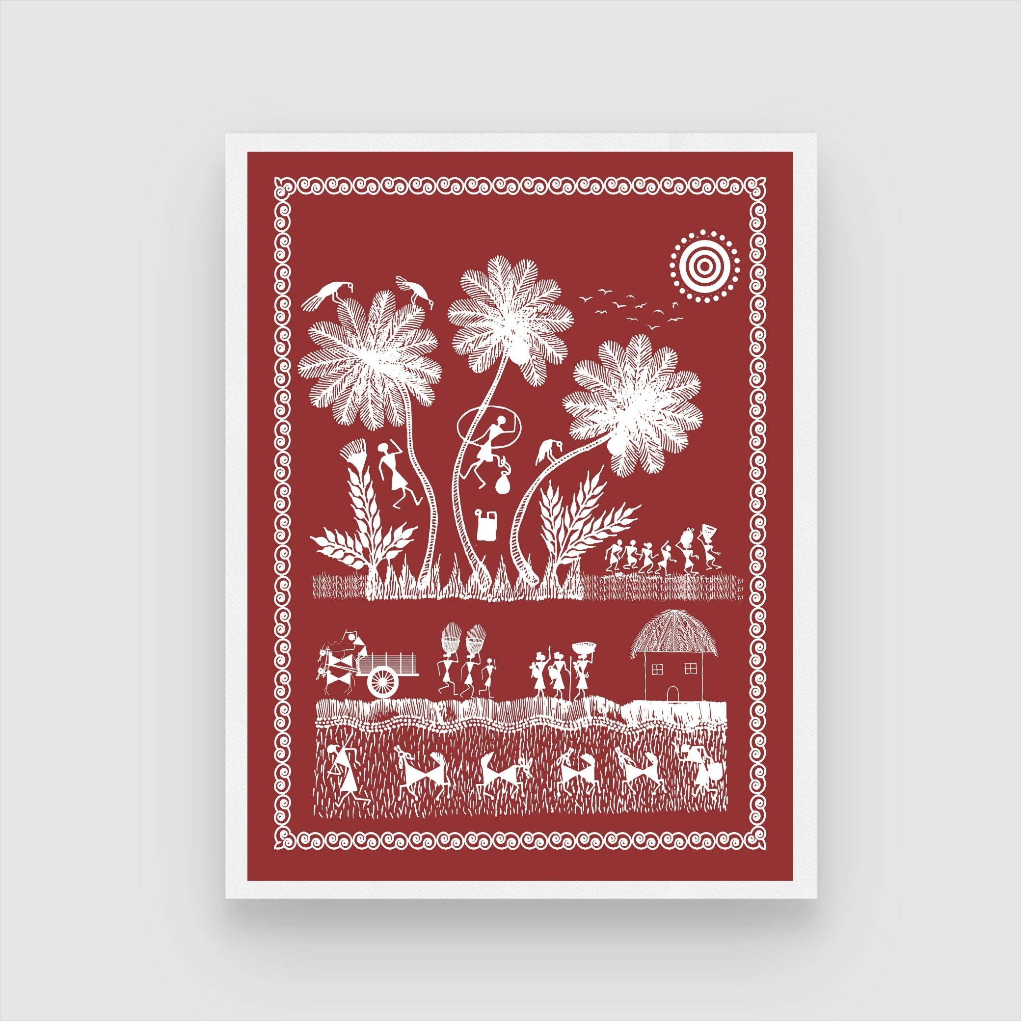 Coconut Tree & Rural Life: Idyllic Warli Art Painting 3 : 4 Vertical New Premium Wall Art Canvas by MeriDeewar