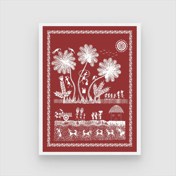Coconut Tree & Rural Life: Idyllic Warli Art Painting 3 : 4 Vertical New Premium Wall Art Canvas by MeriDeewar