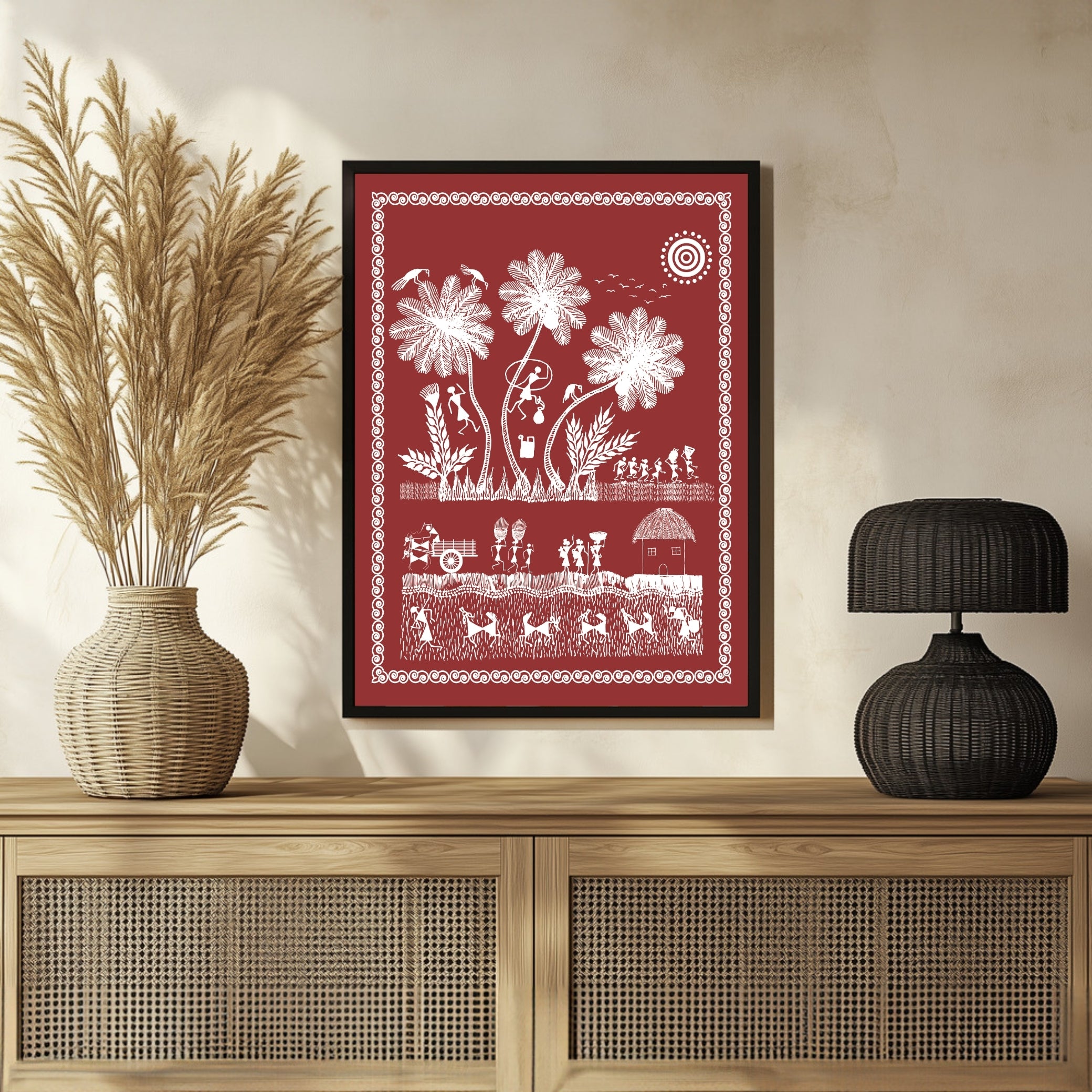 Coconut Tree & Rural Life: Idyllic Warli Art Painting 3 : 4 Vertical New Premium Wall Art Canvas by MeriDeewar