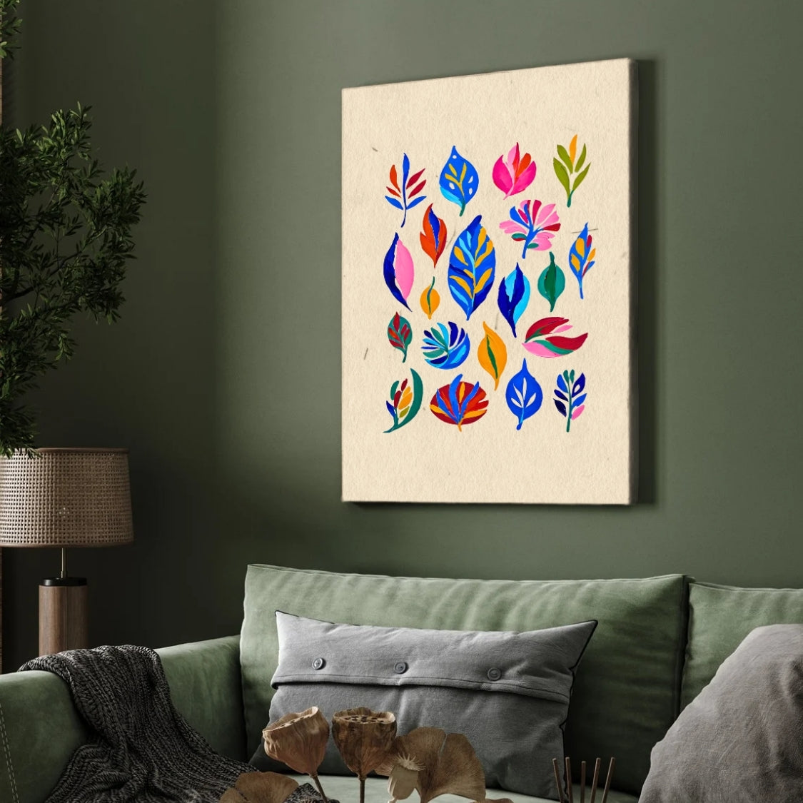 Colorful Leaf Painting for Living Room | Botanical Wall Art | Giclée Fine Art Print 2 : 3 Vertical Premium Wall Art Canvas by MeriDeewar
