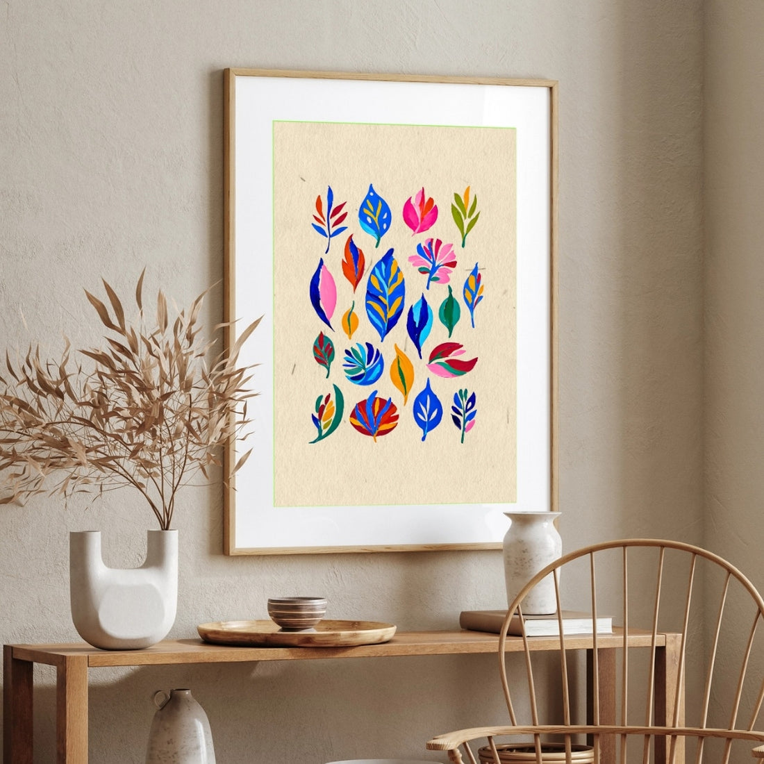 Colorful Leaf Painting for Living Room | Botanical Wall Art | Giclée Fine Art Print 2 : 3 Vertical Premium Wall Art Canvas by MeriDeewar