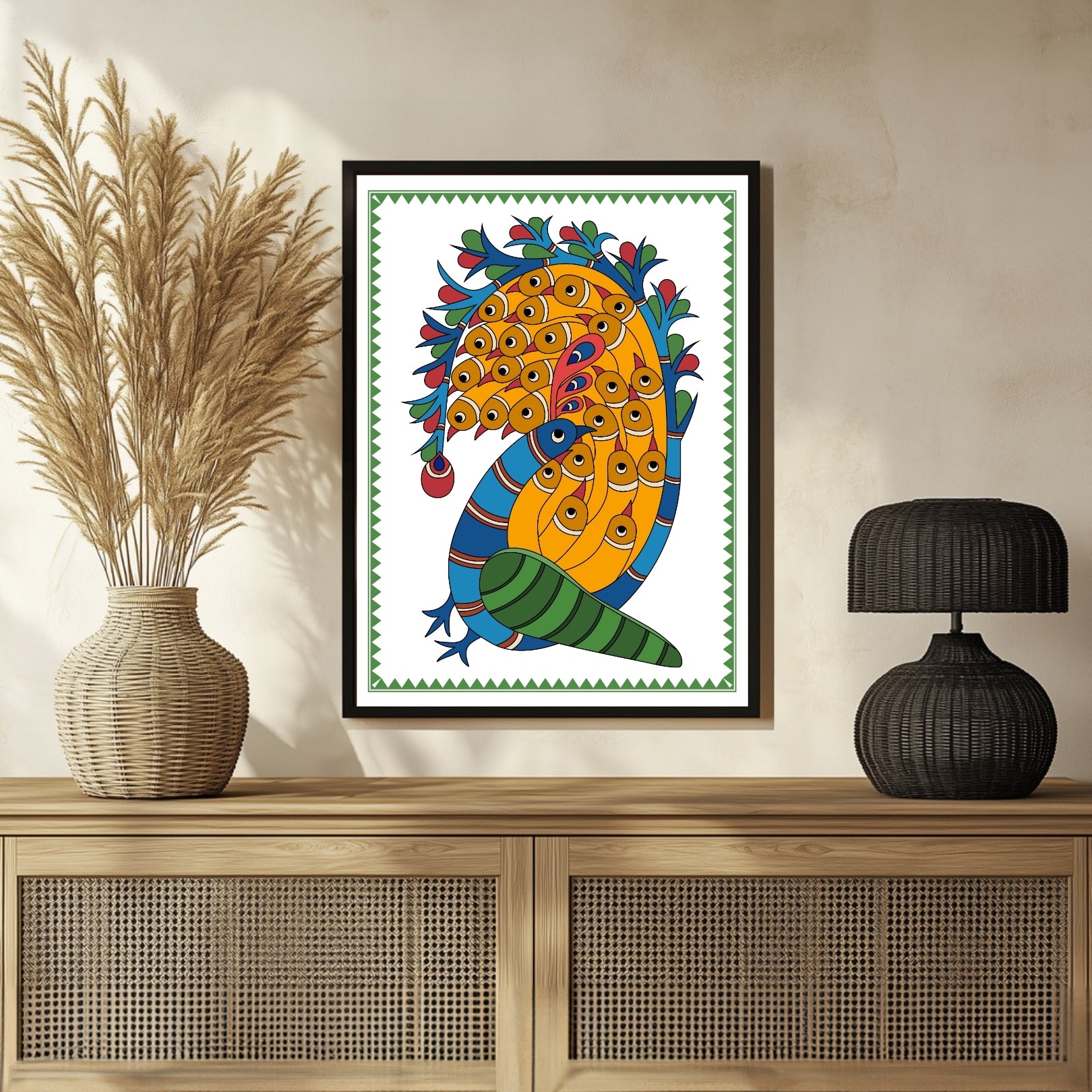 Colorful Peacock Madhubani Painting - Enhance Your Space 3 : 4 Vertical New Premium Wall Art Canvas by MeriDeewar