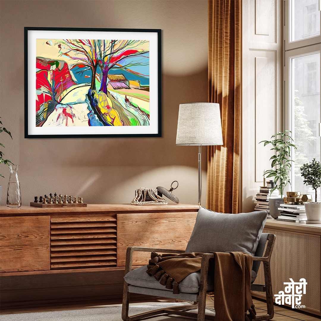 Colourful Abstract Tree Painting for Living Room | Vibrant Nature Wall Art | Giclée Print 3 : 2 Horizontal Premium Wall Art Canvas by MeriDeewar