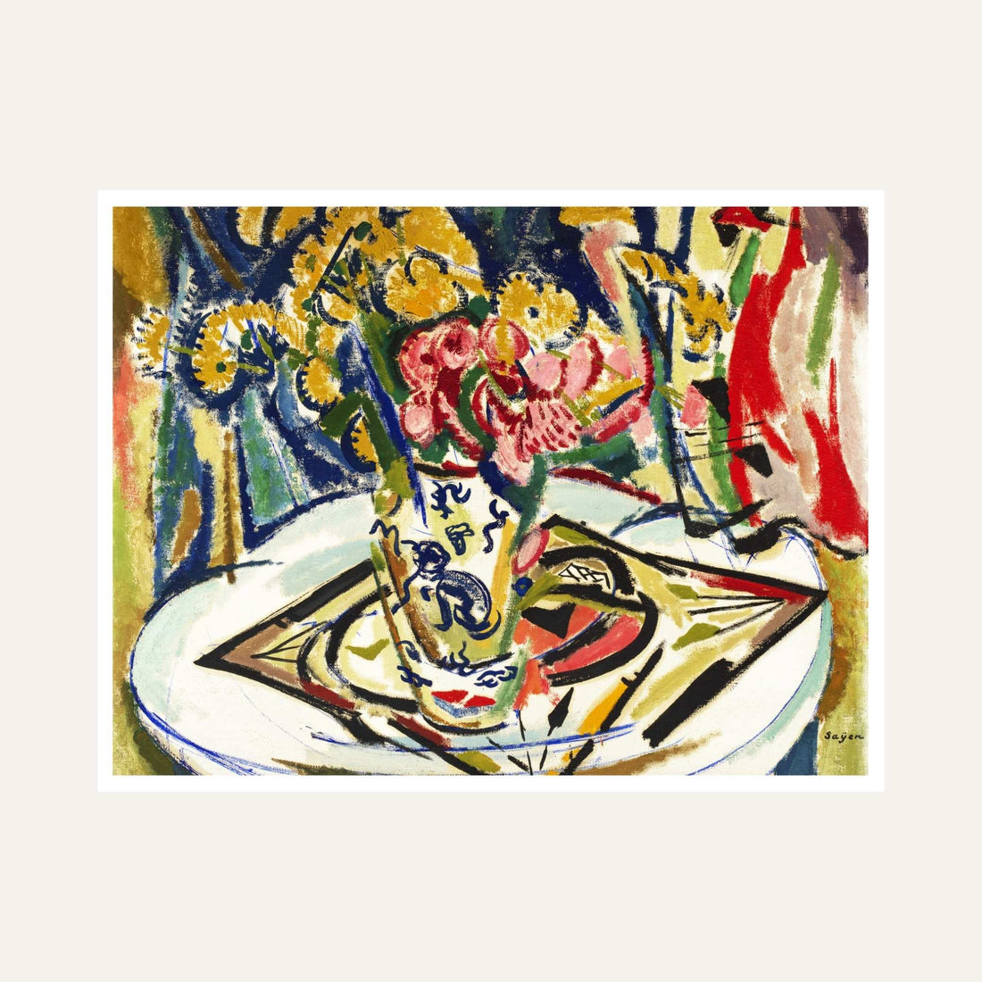 Colourful Floral Painting for Living Room | Cubist Flower Vase Wall Art by Henry Lyman Sayen 6 : 5 Horizontal Premium Wall Art Canvas by MeriDeewar