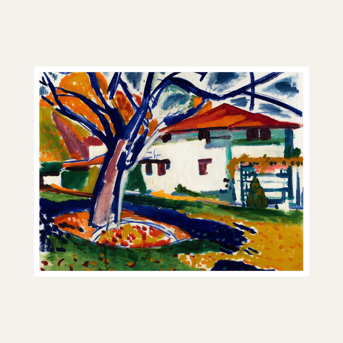 Colourful Scenery Painting for Living Room – Blue Tree & Village | Giclée Fine Art Print 6 : 5 Horizontal Premium Wall Art Canvas by MeriDeewar