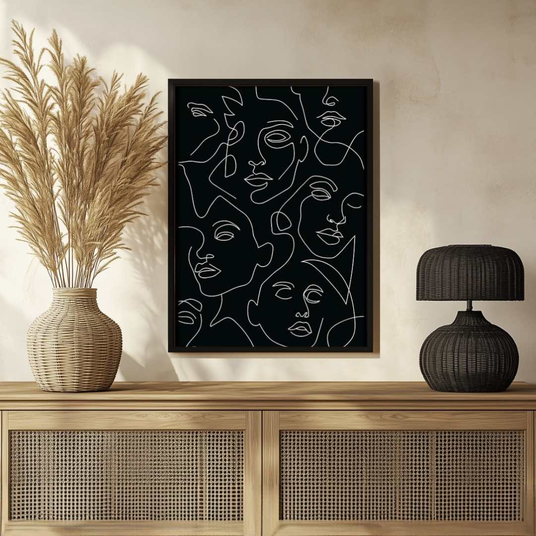 Continuous Line Faces Poster | Vertical Contemporary Boho White Framed Wall Art 2 : 3 Vertical Premium Wall Art Canvas by MeriDeewar