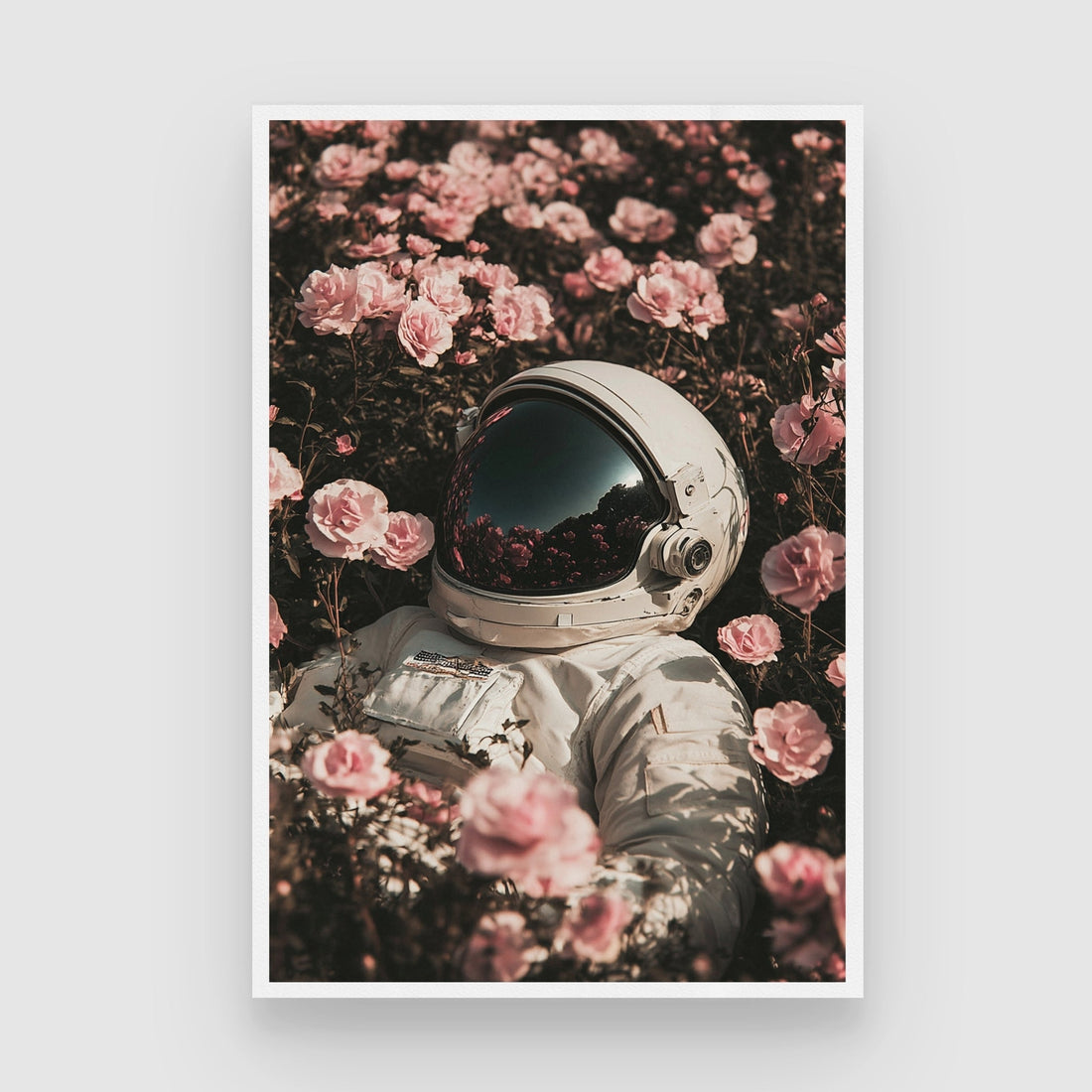 Cosmic Bloom – Astronaut in Rose Field Wall Art 2 : 3 Vertical Premium Wall Art Canvas by MeriDeewar