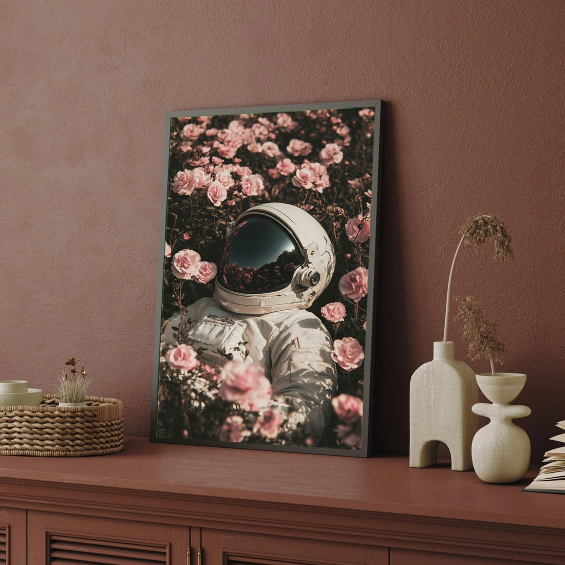 Cosmic Bloom – Astronaut in Rose Field Wall Art 2 : 3 Vertical Premium Wall Art Canvas by MeriDeewar