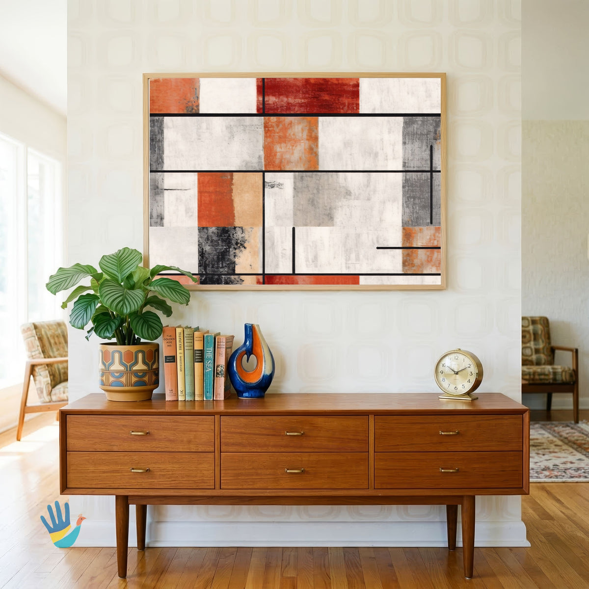 Courtyard Grid | Terracotta & Charcoal Geometric Abstract Wall Art 4 : 3 Horizontal Premium Wall Art Canvas by MeriDeewar