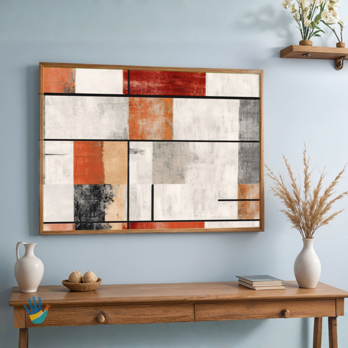Courtyard Grid | Terracotta & Charcoal Geometric Abstract Wall Art 4 : 3 Horizontal Premium Wall Art Canvas by MeriDeewar