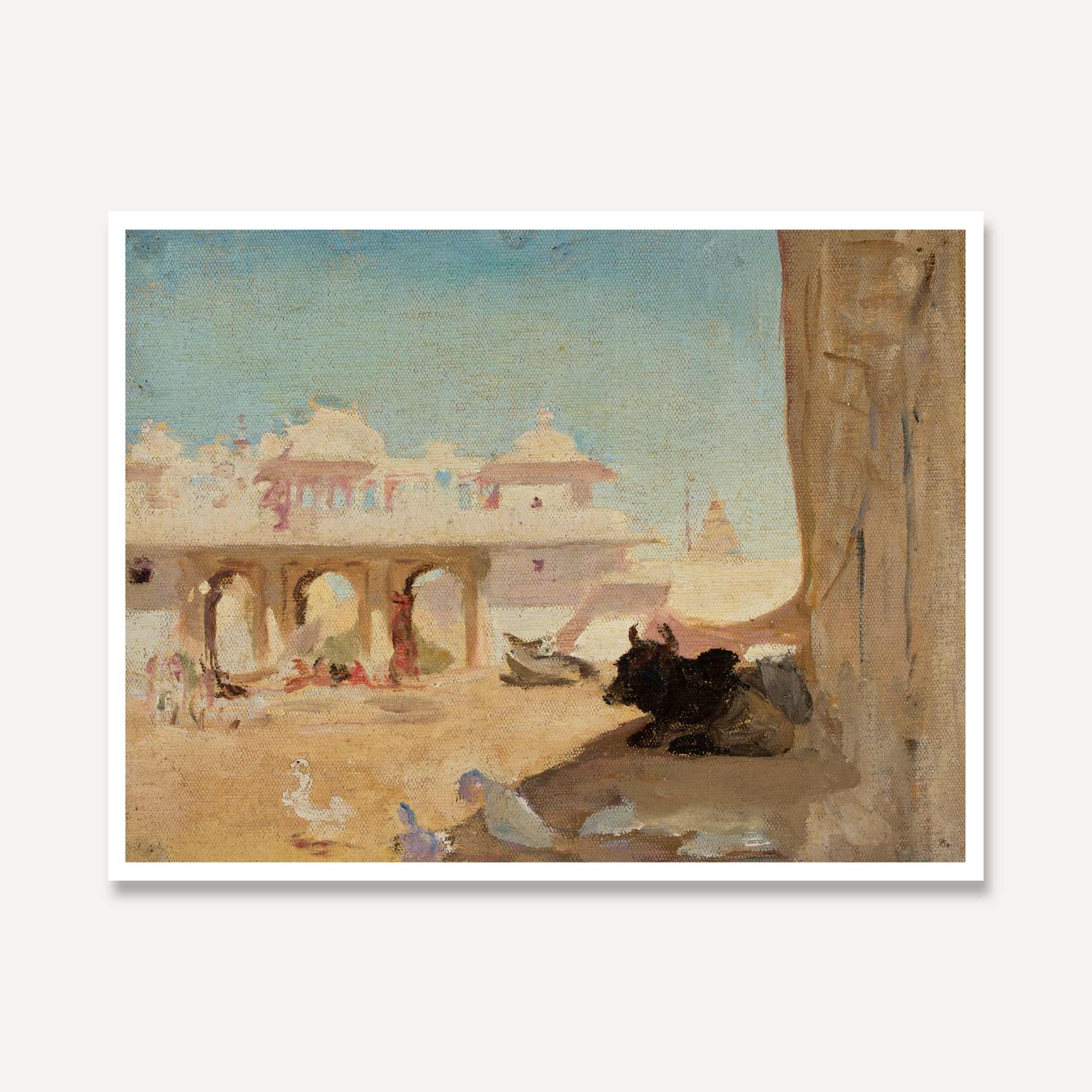 Courtyard of Maharajah's Palace Oil Painting | Horizontal Framed Print 4 : 3 Horizontal Premium Wall Art Canvas by MeriDeewar