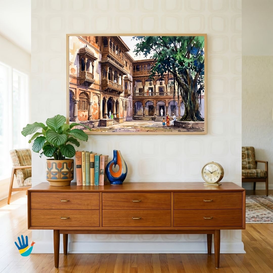 Courtyard of the Wada | Pune Maratha Architecture Watercolor Framed Art 4 : 3 Horizontal Premium Wall Art Canvas by MeriDeewar