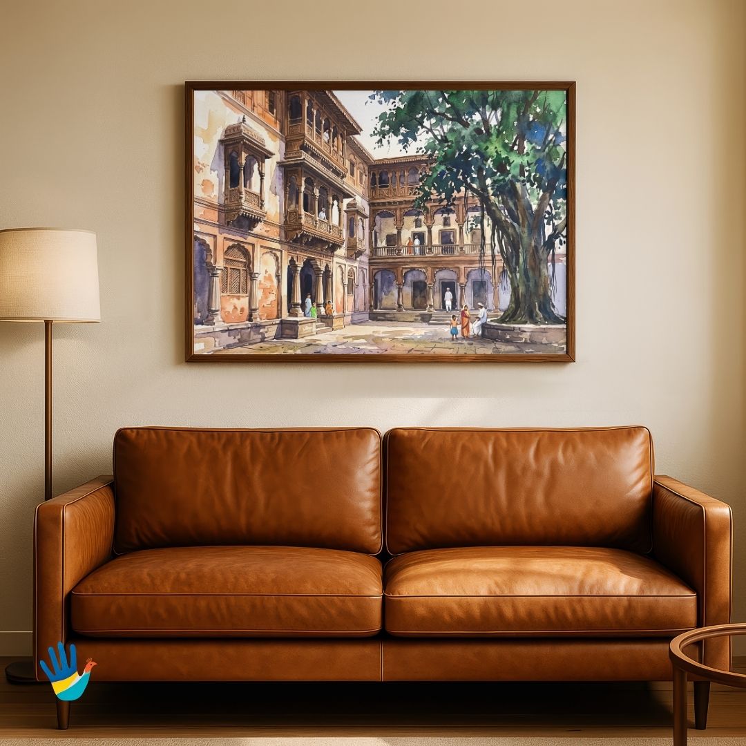 Courtyard of the Wada | Pune Maratha Architecture Watercolor Framed Art 4 : 3 Horizontal Premium Wall Art Canvas by MeriDeewar