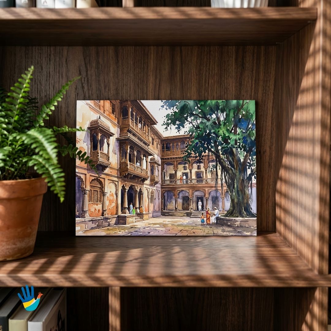 Courtyard of the Wada | Pune Maratha Architecture Watercolor Framed Art 4 : 3 Horizontal Premium Wall Art Canvas by MeriDeewar