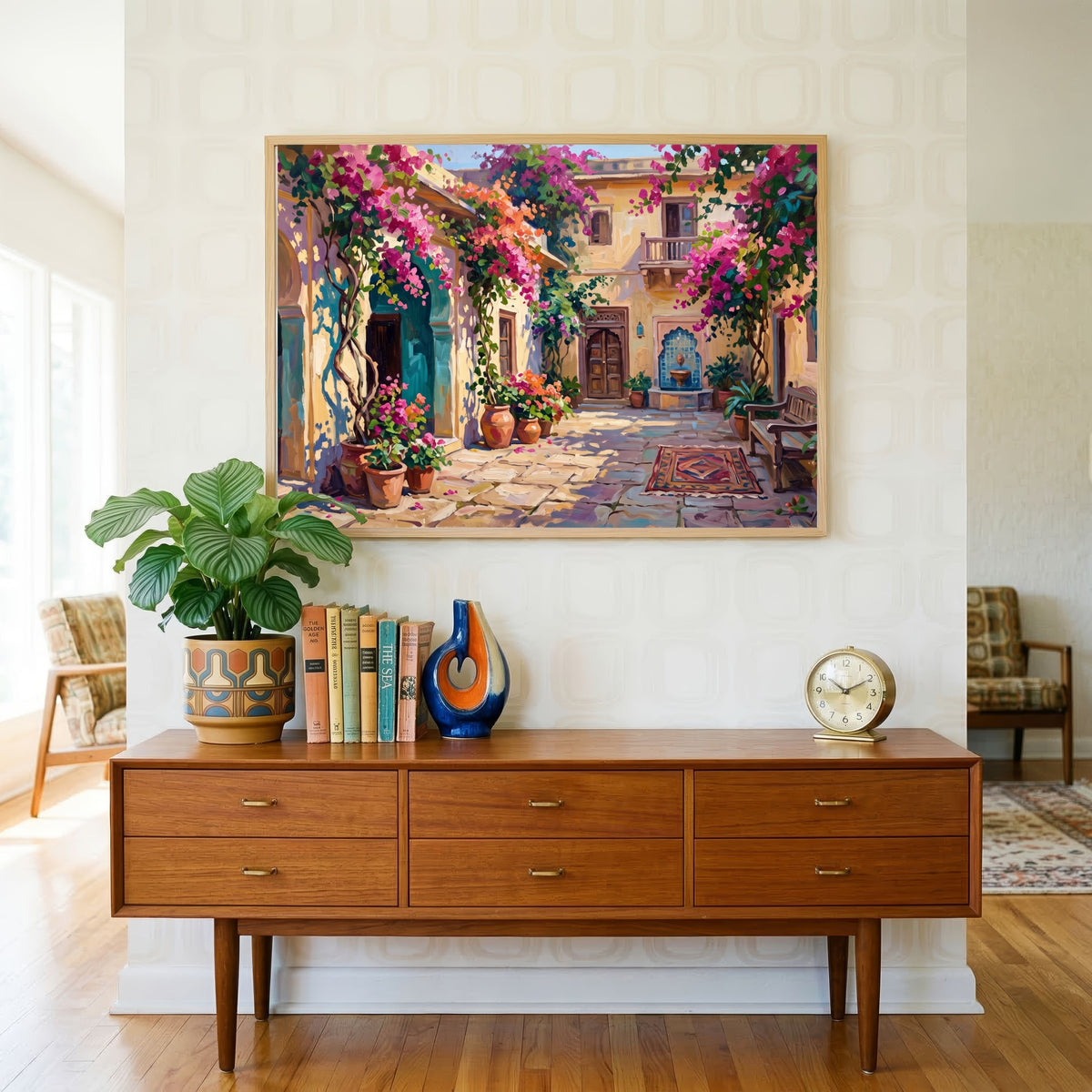 "Courtyard with Bougainvillea" Giclée Print | Indian Wall Art Print 4 : 3 Horizontal Premium Wall Art Canvas by MeriDeewar