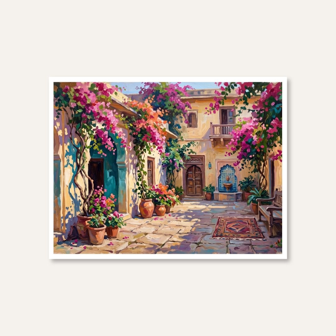 "Courtyard with Bougainvillea" Giclée Print | Indian Wall Art Print 4 : 3 Horizontal Premium Wall Art Canvas by MeriDeewar