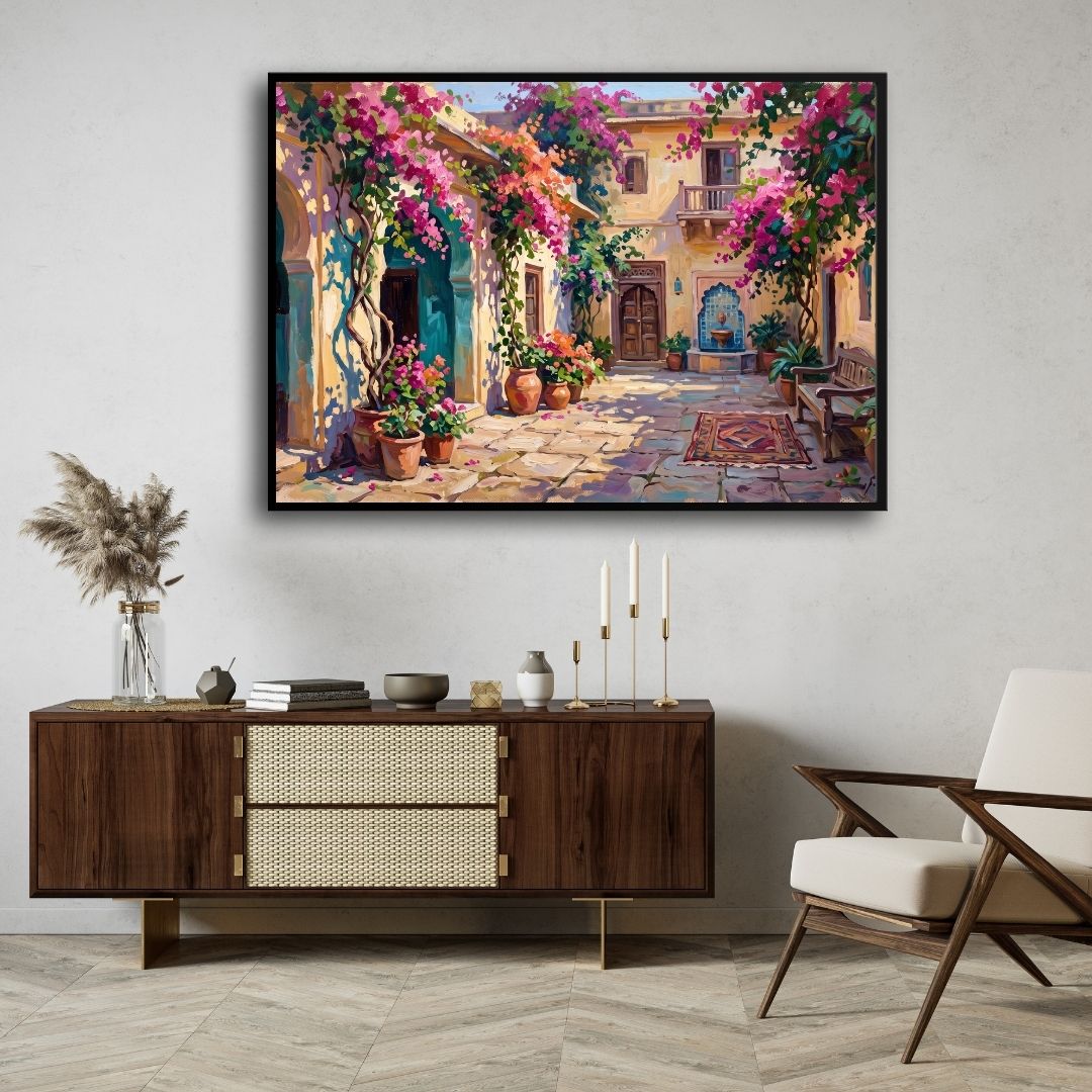"Courtyard with Bougainvillea" Giclée Print | Indian Wall Art Print 4 : 3 Horizontal Premium Wall Art Canvas by MeriDeewar