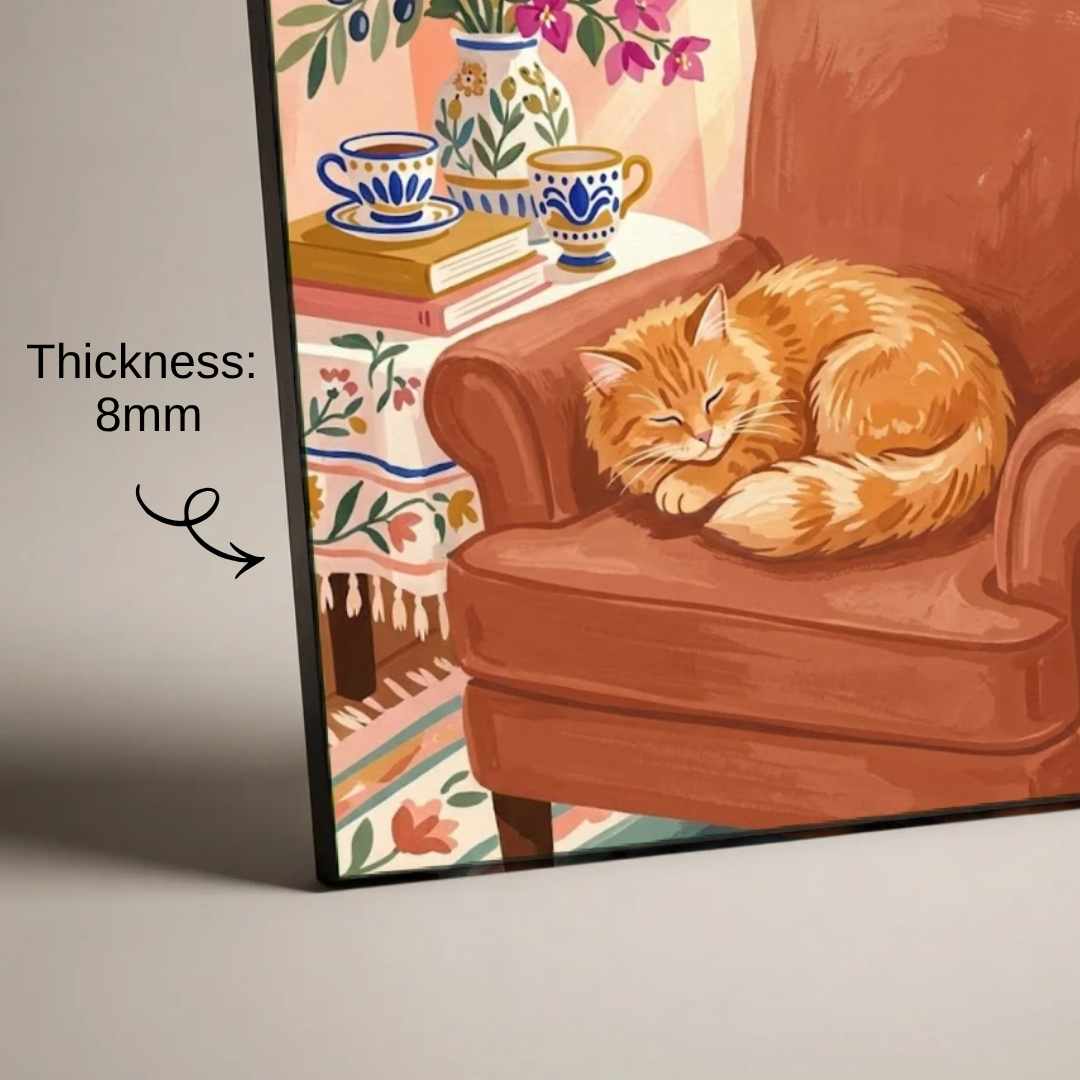 "Cozy Afternoon Nap" Sleeping Cat  Art Poster | Vertical Borderless Art Frame Poster Premium Wall Art Canvas by MeriDeewar