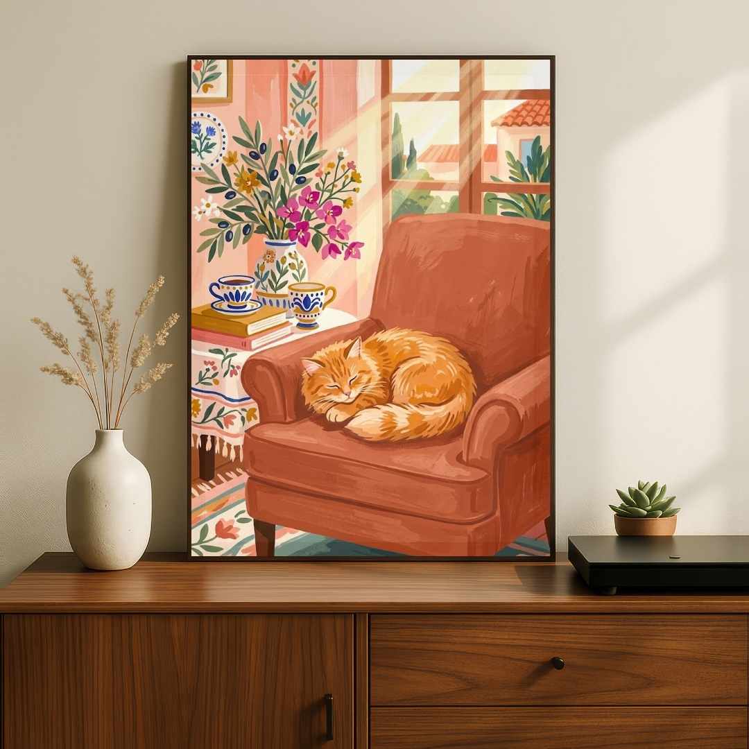 "Cozy Afternoon Nap" Sleeping Cat  Art Poster | Vertical Borderless Art Frame Poster Premium Wall Art Canvas by MeriDeewar