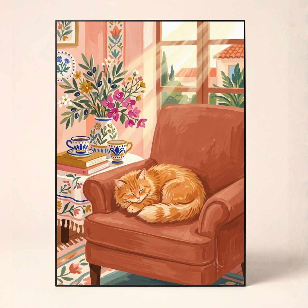 "Cozy Afternoon Nap" Sleeping Cat  Art Poster | Vertical Borderless Art Frame Poster Premium Wall Art Canvas by MeriDeewar