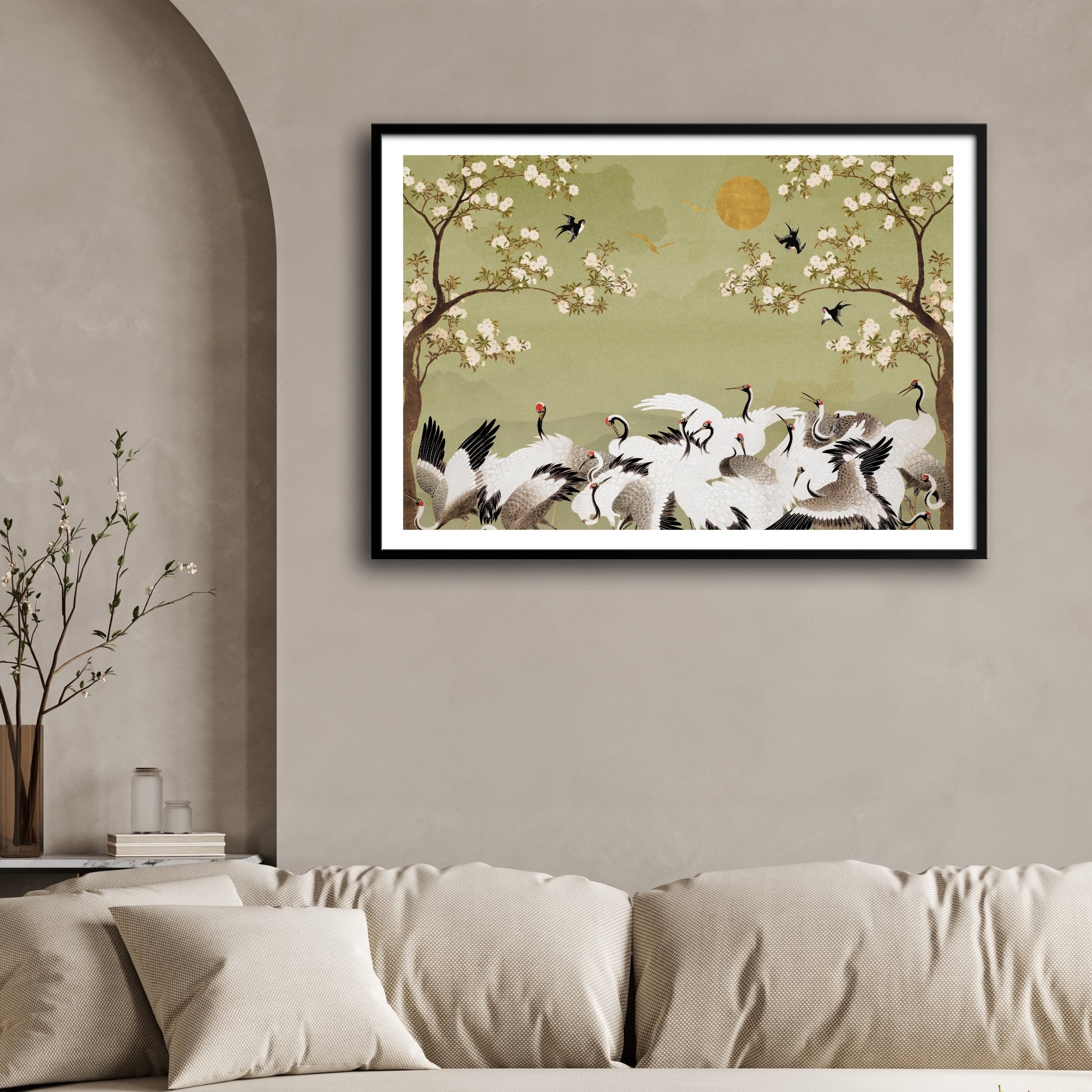 Cranes & Cherry Blossoms — Oriental Crane Canvas Print 2 : 3 Horizontal Premium Wall Art Canvas by MeriDeewar