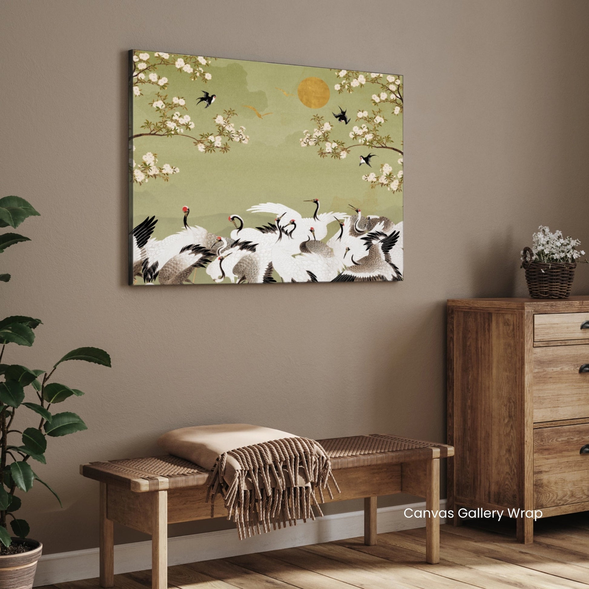 Cranes & Cherry Blossoms — Oriental Crane Canvas Print 2 : 3 Horizontal Premium Wall Art Canvas by MeriDeewar
