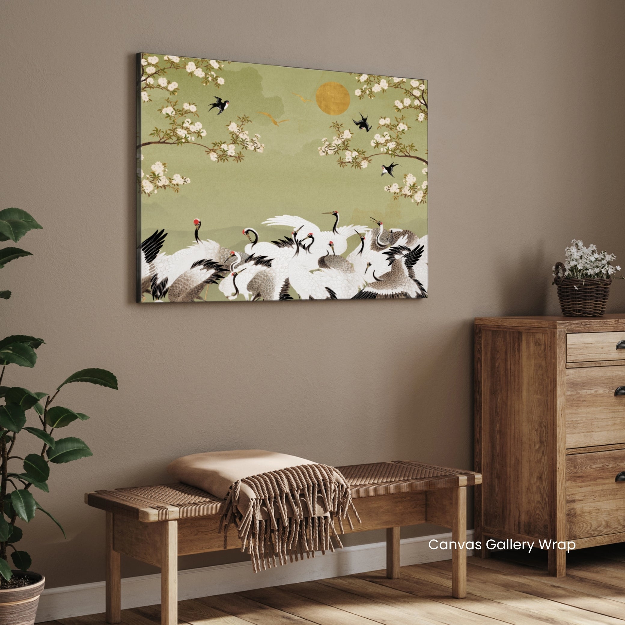 Cranes & Cherry Blossoms — Oriental Crane Canvas Print 2 : 3 Horizontal Premium Wall Art Canvas by MeriDeewar