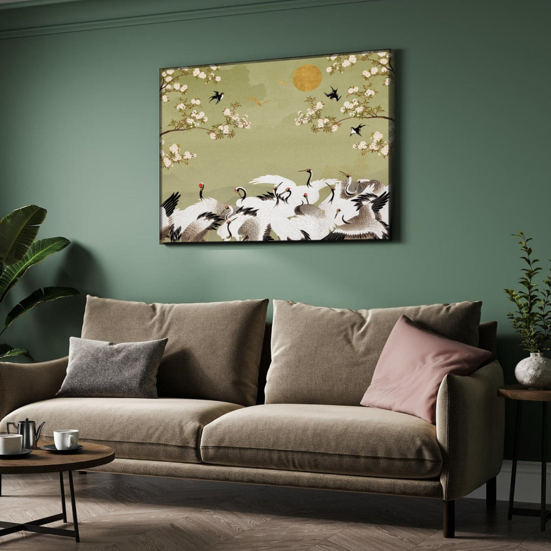Cranes & Cherry Blossoms — Oriental Crane Canvas Print 2 : 3 Horizontal Premium Wall Art Canvas by MeriDeewar