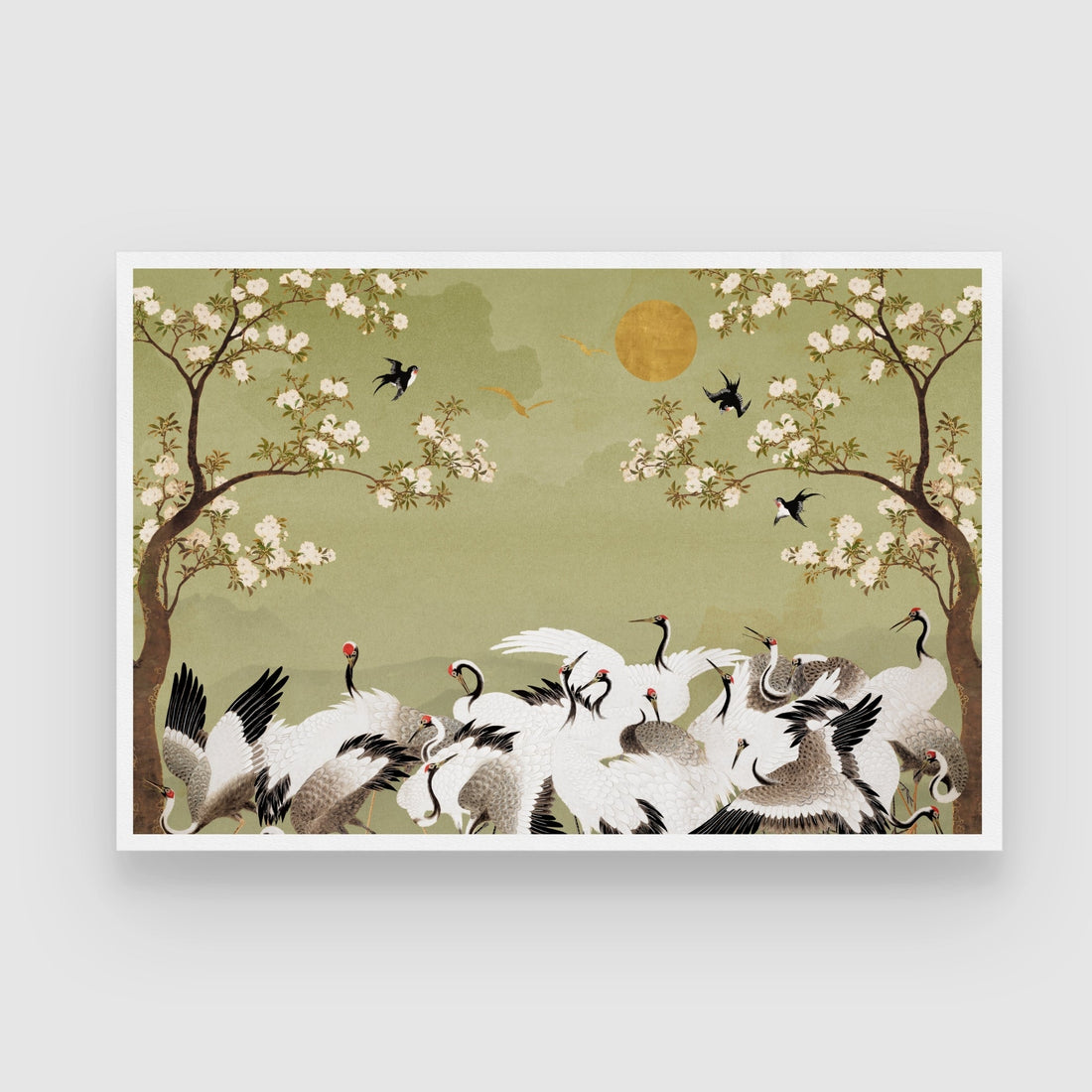 Cranes & Cherry Blossoms — Oriental Crane Canvas Print 2 : 3 Horizontal Premium Wall Art Canvas by MeriDeewar