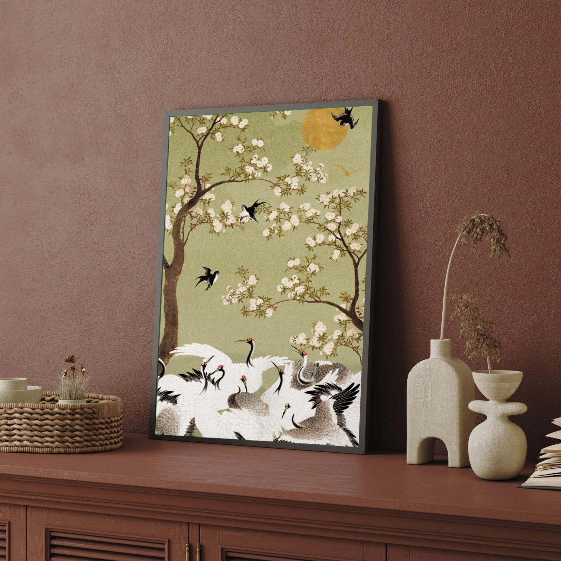 Cranes & Cherry Blossoms — Oriental Crane Wall Painting 2 : 3 Vertical Premium Wall Art Canvas by MeriDeewar