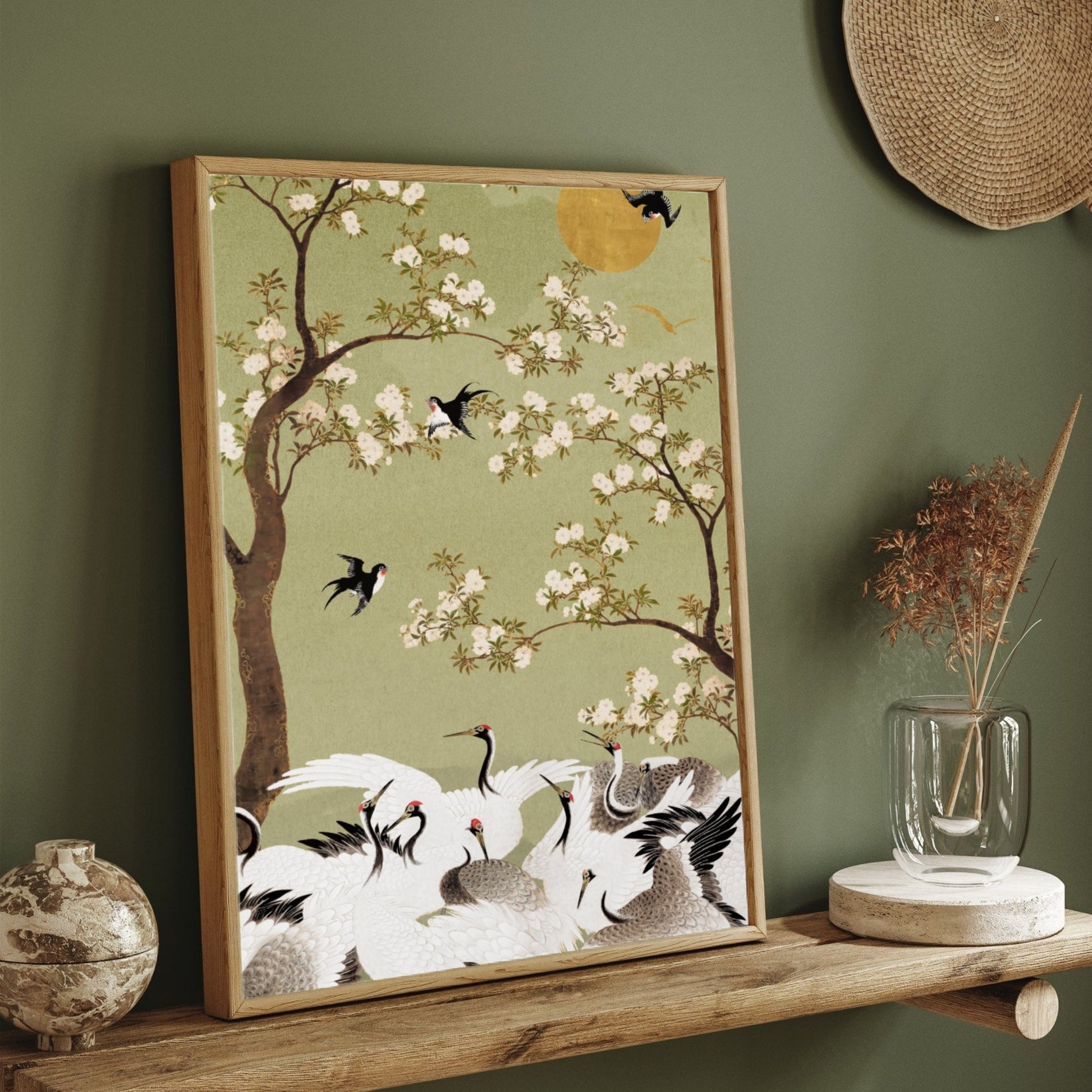 Cranes & Cherry Blossoms — Oriental Crane Wall Painting 2 : 3 Vertical Premium Wall Art Canvas by MeriDeewar