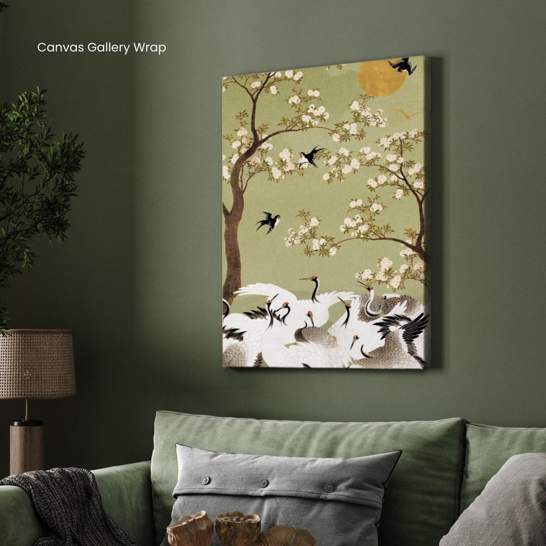 Cranes & Cherry Blossoms — Oriental Crane Wall Painting 2 : 3 Vertical Premium Wall Art Canvas by MeriDeewar