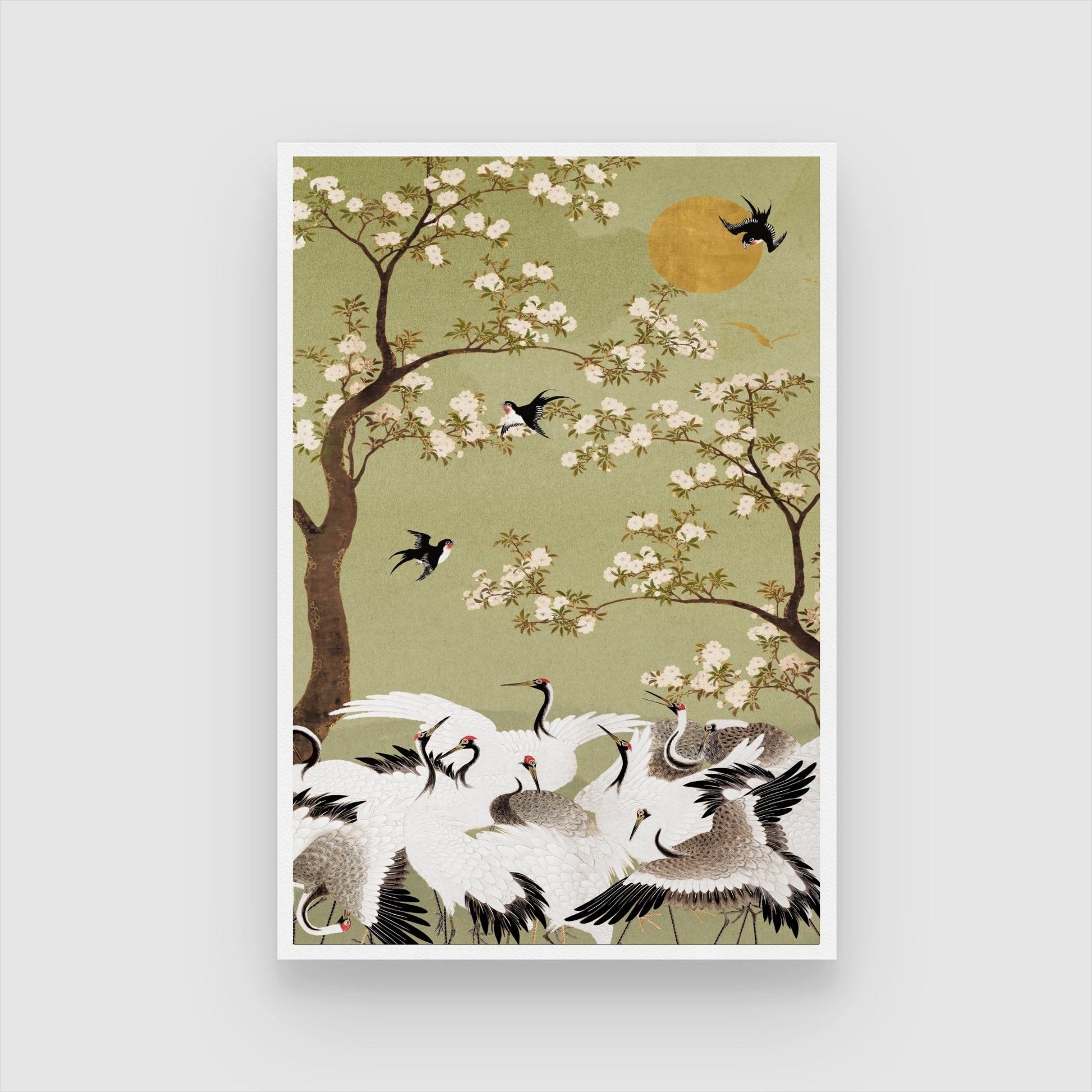 Cranes & Cherry Blossoms — Oriental Crane Wall Painting 2 : 3 Vertical Premium Wall Art Canvas by MeriDeewar