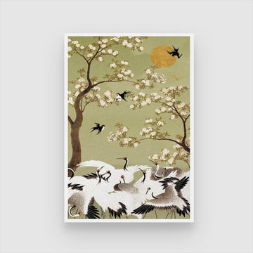 Cranes & Cherry Blossoms — Oriental Crane Wall Painting 2 : 3 Vertical Premium Wall Art Canvas by MeriDeewar