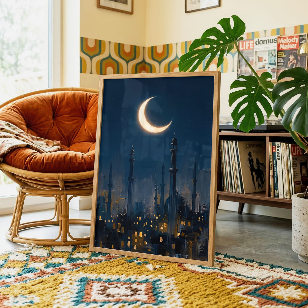 Crescent Moon & Mosque | Islamic Wall Art 2 : 3 Vertical Premium Wall Art Canvas by MeriDeewar