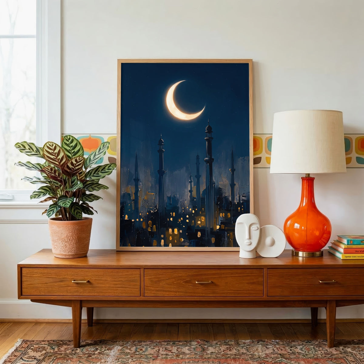 Crescent Moon & Mosque | Islamic Wall Art 2 : 3 Vertical Premium Wall Art Canvas by MeriDeewar