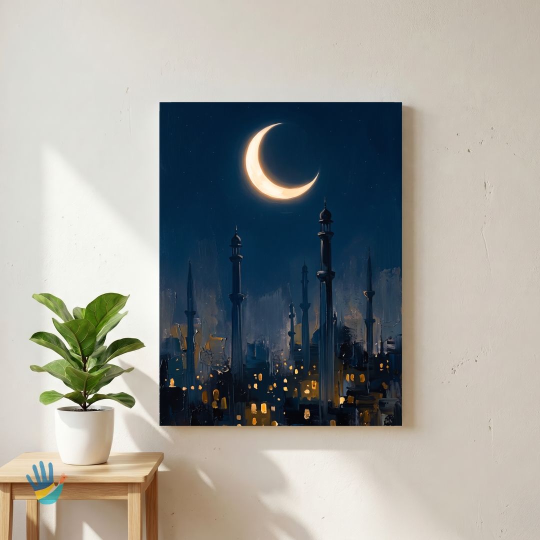 Crescent Moon & Mosque | Islamic Wall Art 2 : 3 Vertical Premium Wall Art Canvas by MeriDeewar