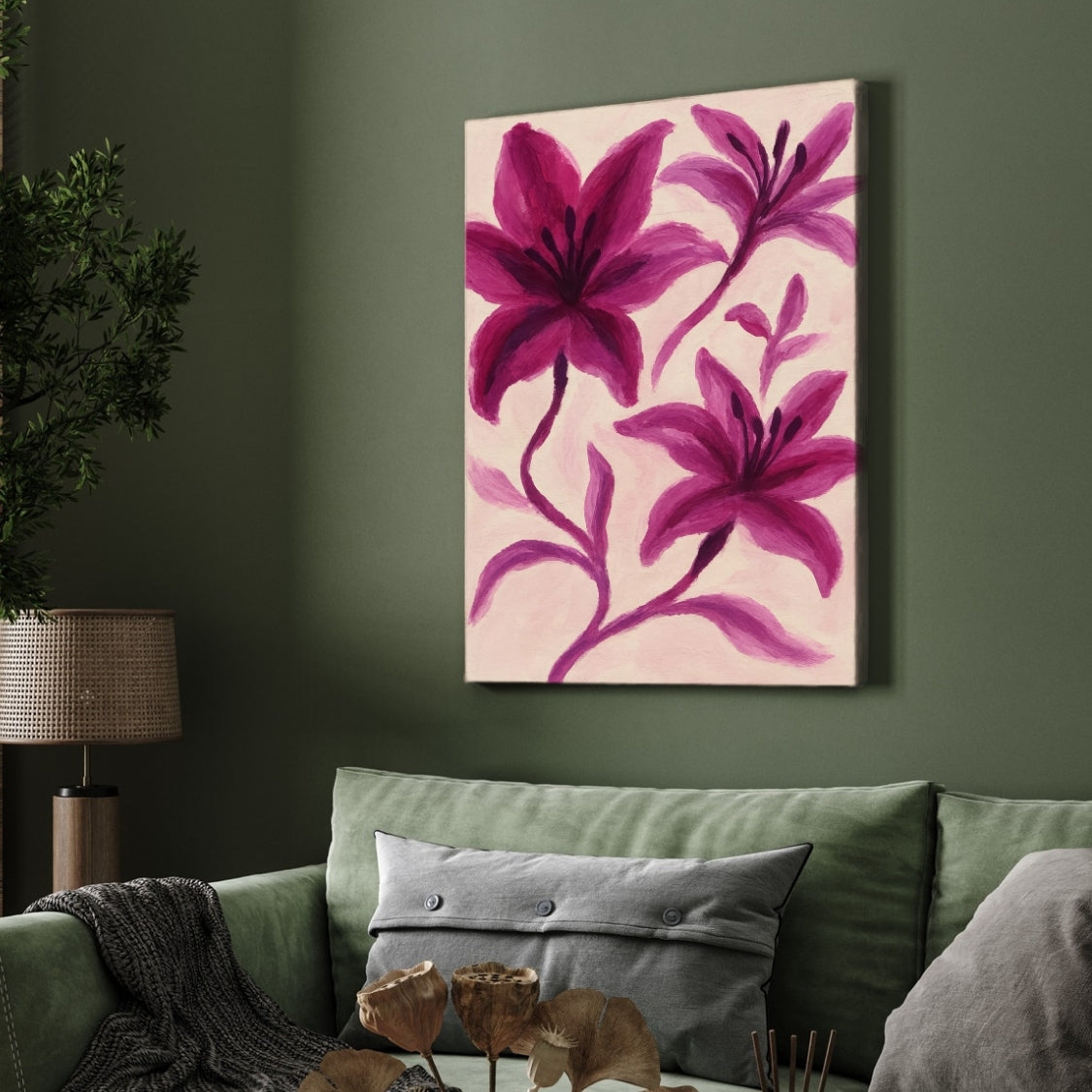 Crimson Bloom Deep pink lily flowers expressive brush style Painting 2 : 3 Vertical Premium Wall Art Canvas by MeriDeewar