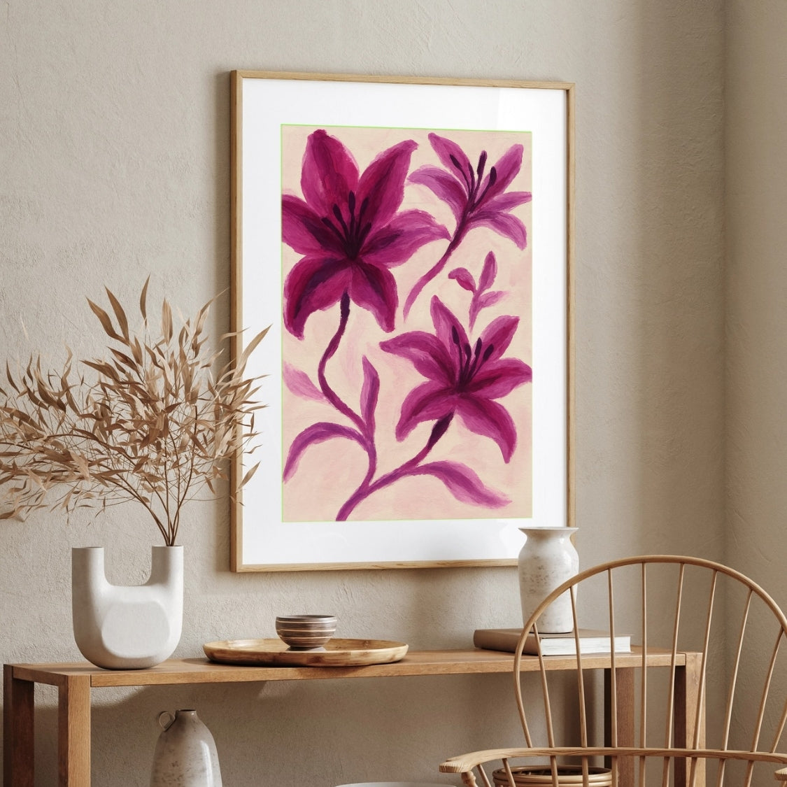 Crimson Bloom Deep pink lily flowers expressive brush style Painting 2 : 3 Vertical Premium Wall Art Canvas by MeriDeewar