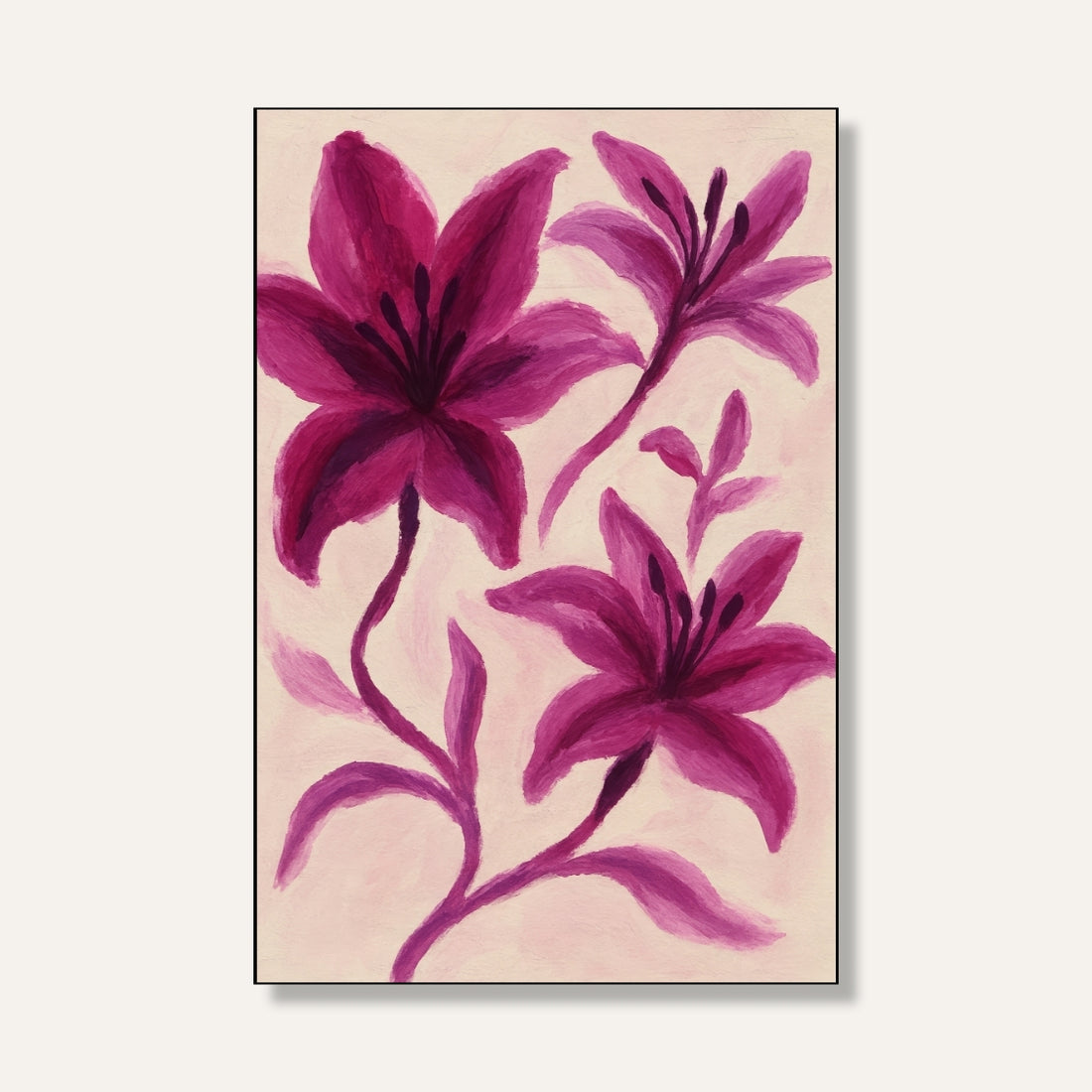 Crimson Bloom Deep pink lily flowers expressive brush style Painting 2 : 3 Vertical Premium Wall Art Canvas by MeriDeewar