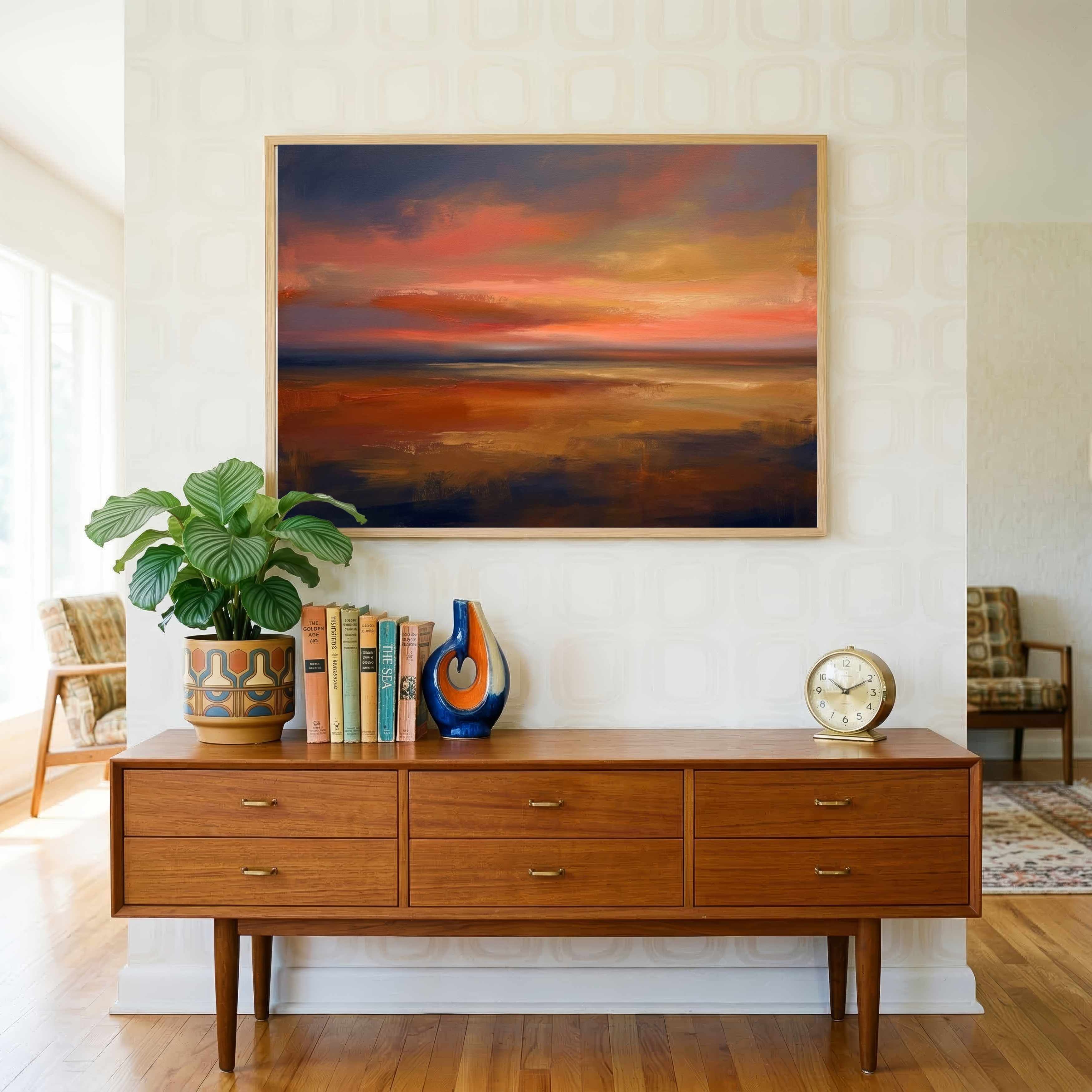 "Crimson Horizon" Modern Abstract Sunset Seascape Giclée Print |Wall Art 3 : 4 Horizontal New Premium Wall Art Canvas by MeriDeewar