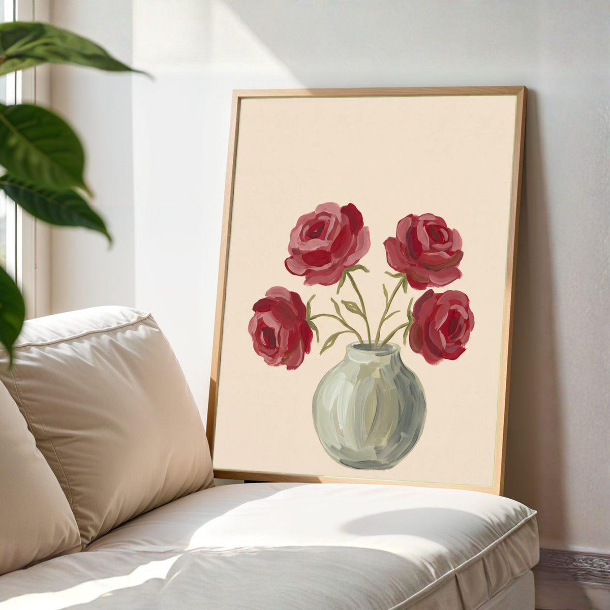 Crimson in Celadon | Modern Minimalist Rose Floral Still Life Wall Art 3 : 4 Vertical Premium Wall Art Canvas by MeriDeewar