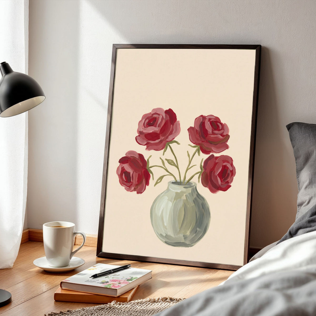 Crimson in Celadon | Modern Minimalist Rose Floral Still Life Wall Art 3 : 4 Vertical Premium Wall Art Canvas by MeriDeewar