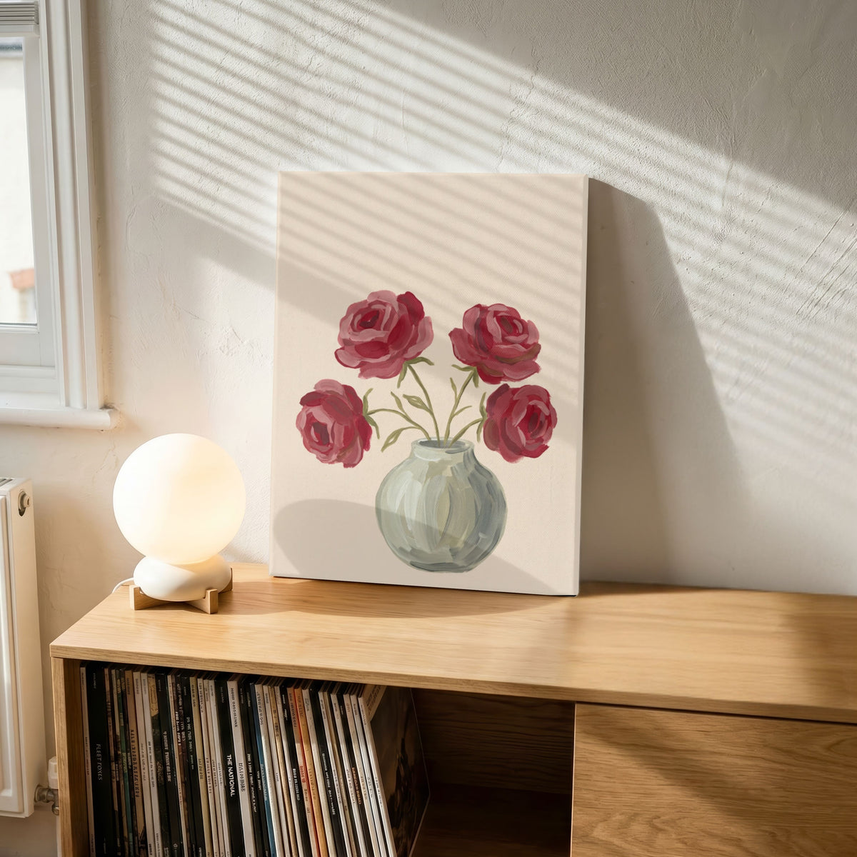 Crimson in Celadon | Modern Minimalist Rose Floral Still Life Wall Art 3 : 4 Vertical Premium Wall Art Canvas by MeriDeewar