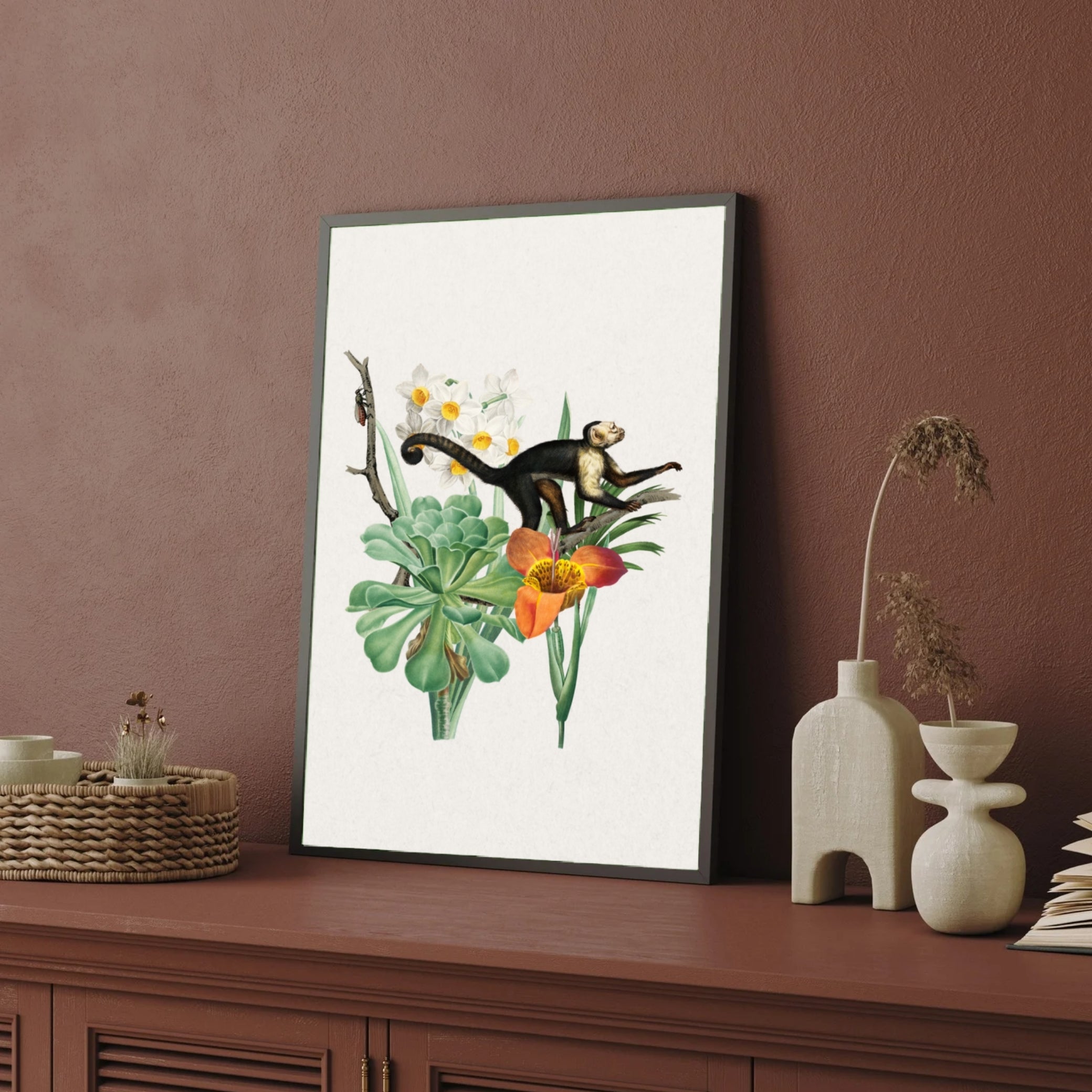 Curious Monkey & Tropical Blooms — Botanical Animal Print 2 : 3 Vertical Premium Wall Art Canvas by MeriDeewar