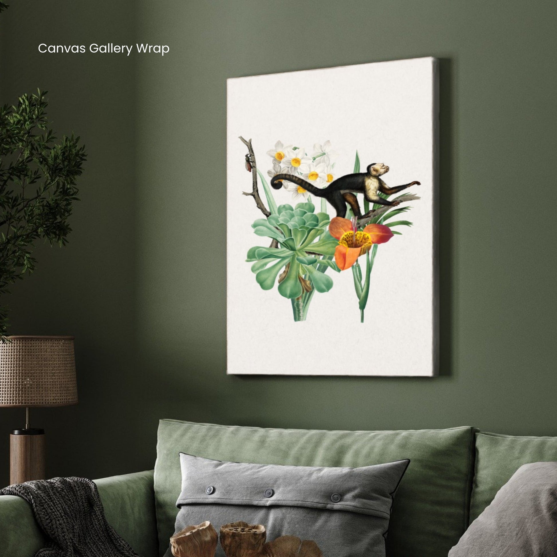 Curious Monkey & Tropical Blooms — Botanical Animal Print 2 : 3 Vertical Premium Wall Art Canvas by MeriDeewar
