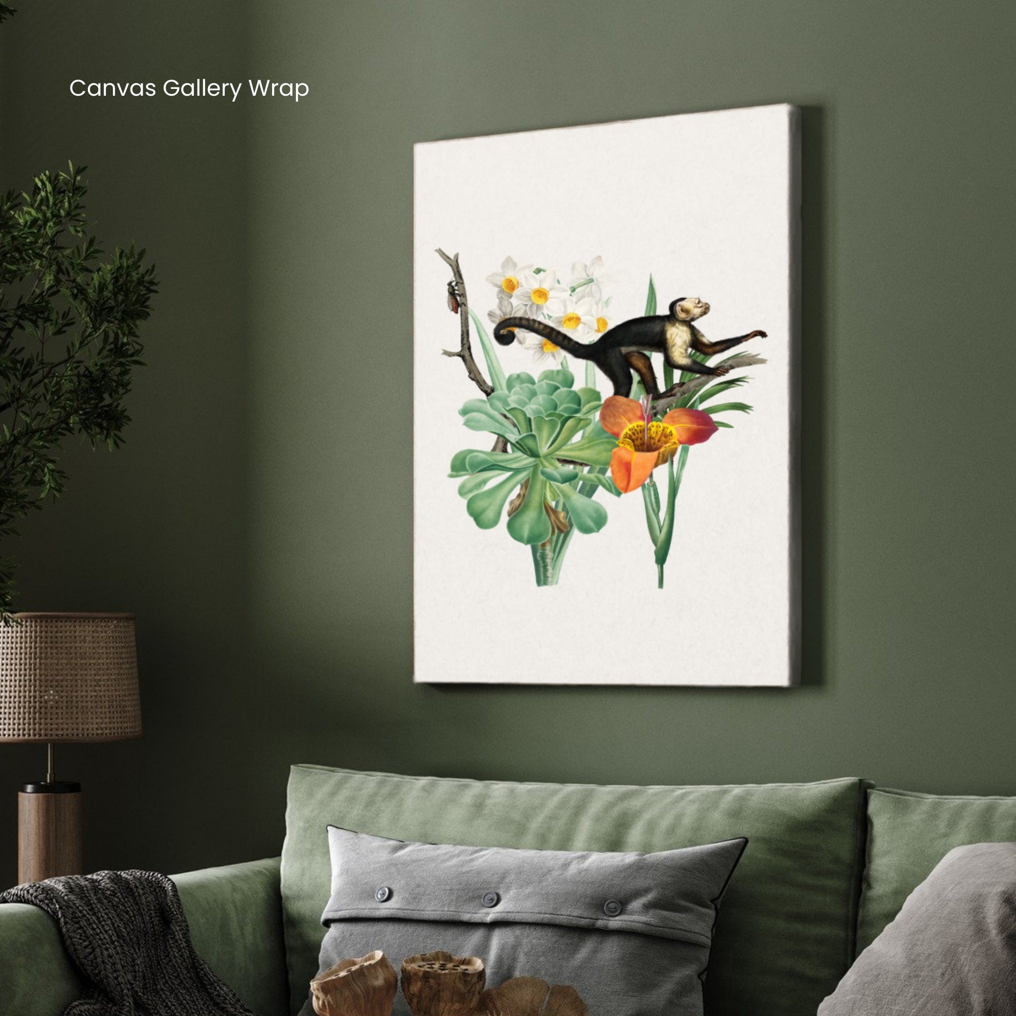 Curious Monkey & Tropical Blooms — Botanical Animal Print 2 : 3 Vertical Premium Wall Art Canvas by MeriDeewar