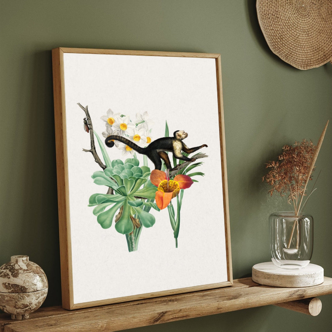 Curious Monkey & Tropical Blooms — Botanical Animal Print 2 : 3 Vertical Premium Wall Art Canvas by MeriDeewar