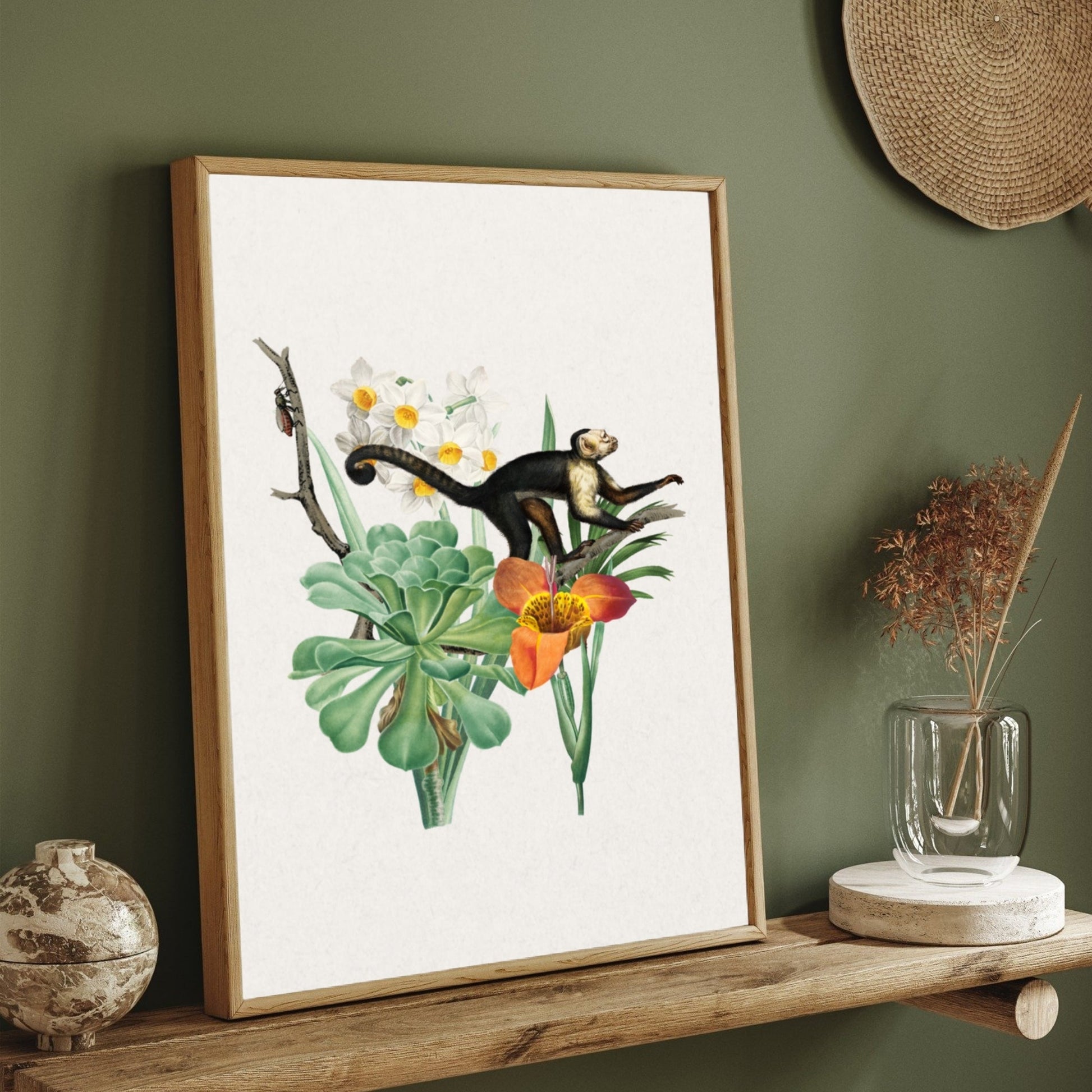 Curious Monkey & Tropical Blooms — Botanical Animal Print 2 : 3 Vertical Premium Wall Art Canvas by MeriDeewar